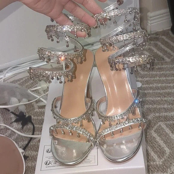 Silver Rhinestone Snake Wrap Peep Toe Stiletto Heels - Picture 2 of 9